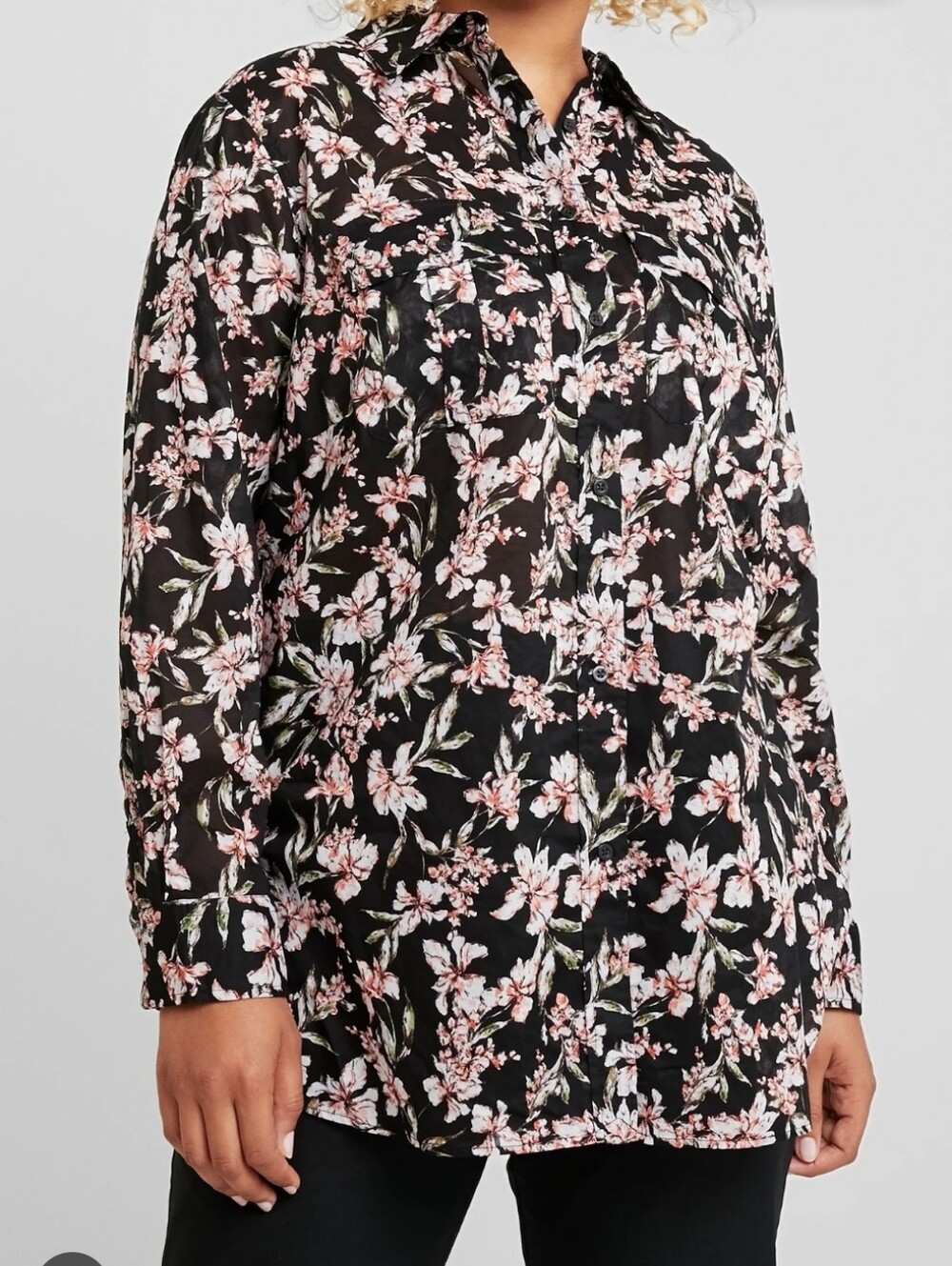 59-Ralph Lauren Black‎ Floral Button-Front Top with Pink and Cream Blooms Sheer